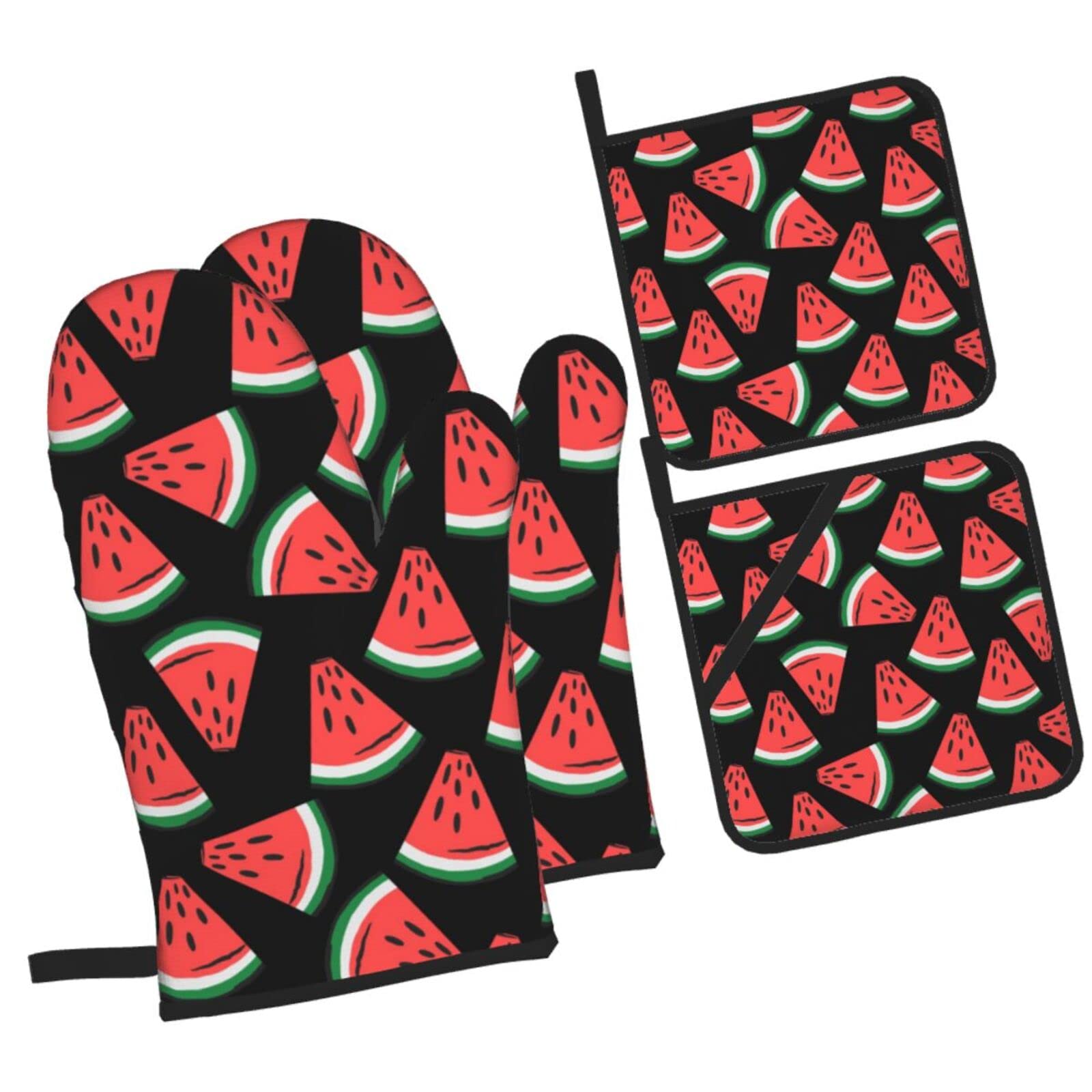 Watermelon Slice Pattern Oven Mitts and Pot Holders Sets, Christmas Oven Mitt Kitchen Heat Resistant Non-Slip Pot Holders Set for Cooking Baking BBQ