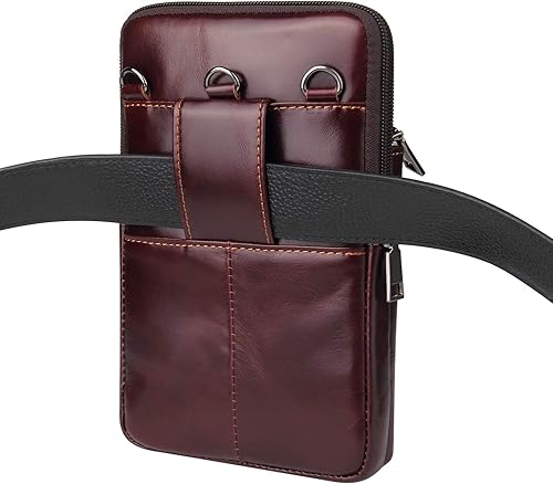 Miniatura 7 de Funda de cuero genuino para cinturón vertical para teléfono inteligente, soporte para teléfono celular, funda con tapa, bolso de mensajero de viaje