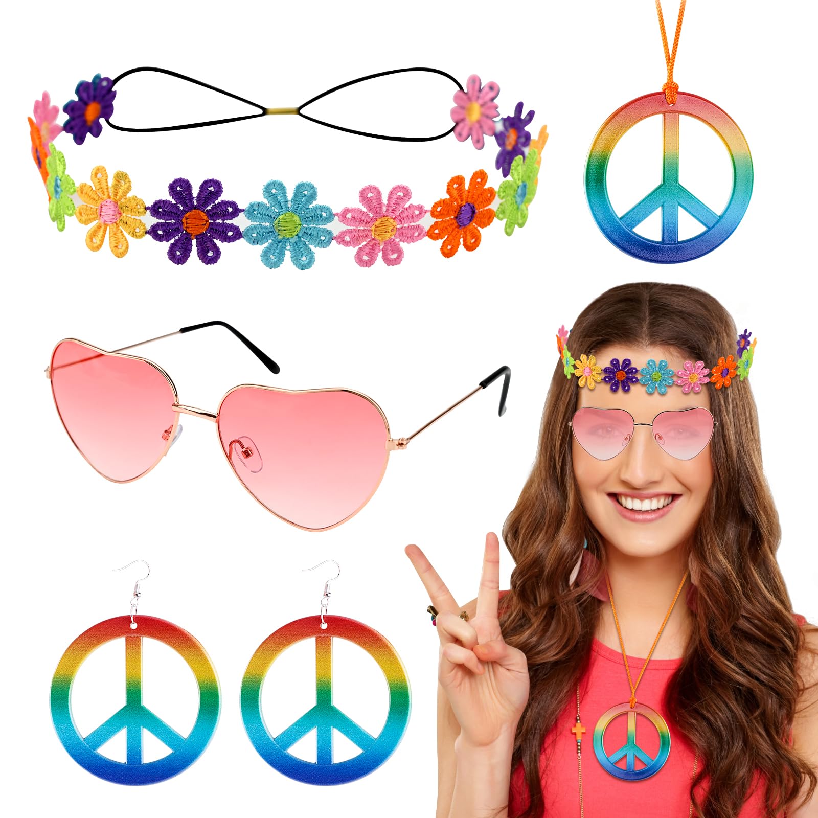 Hippie Costume Set,5 Pieces 60s 70s Hippie Hippy Dressing Accessory Hippie Party Supplies Fancy Dress Hippie Glasses Peace Sign Necklace Peace Earring for Kids Adults Hippie Retro Party (Orange)