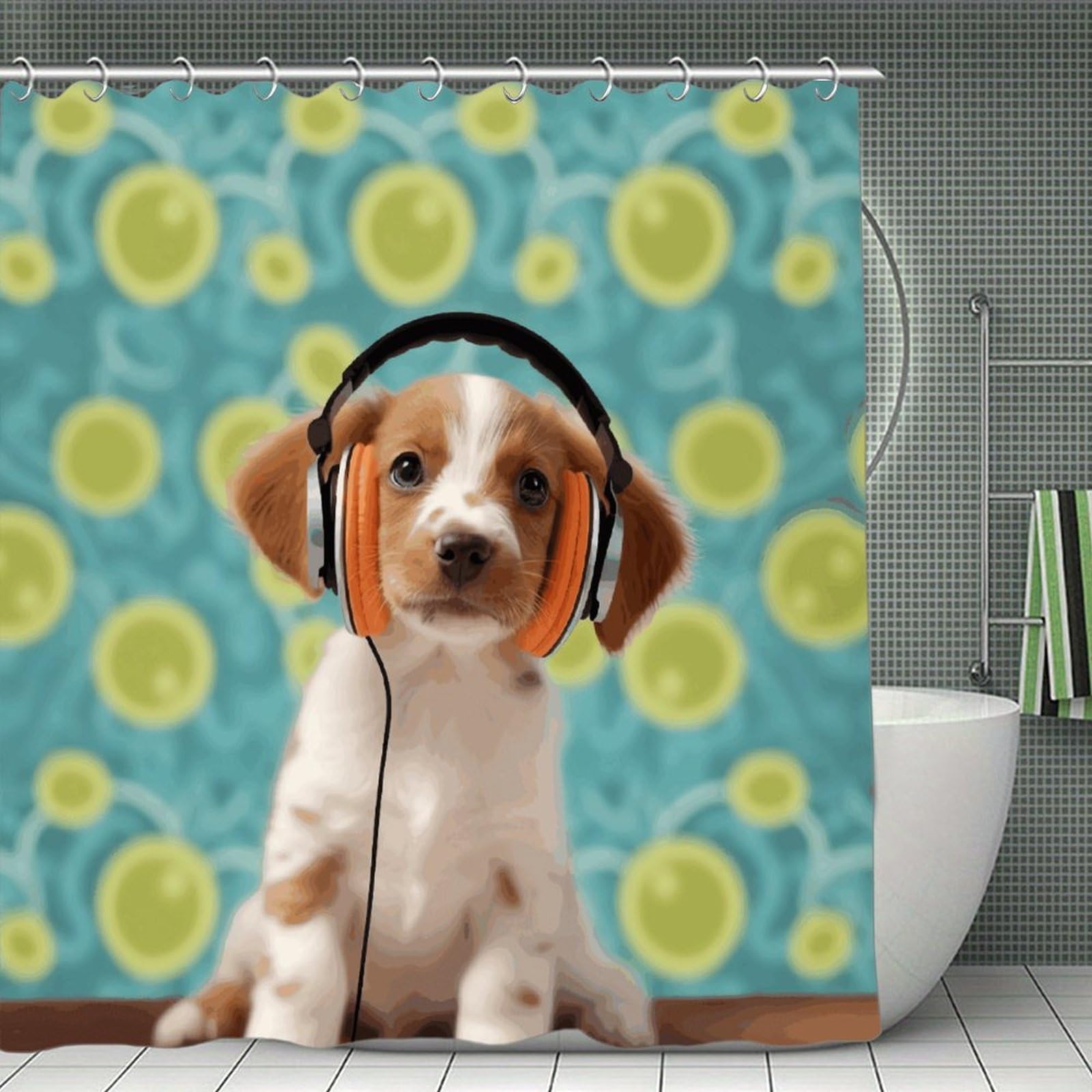 JTREHY Puppy with Headphones Shower Curtain Waterproof Bathroom Shower Curtain Machine Washable Bath Curtains Polyester Cloth Bath Curtains for Bathroom Showers 70.8×70.8Inch