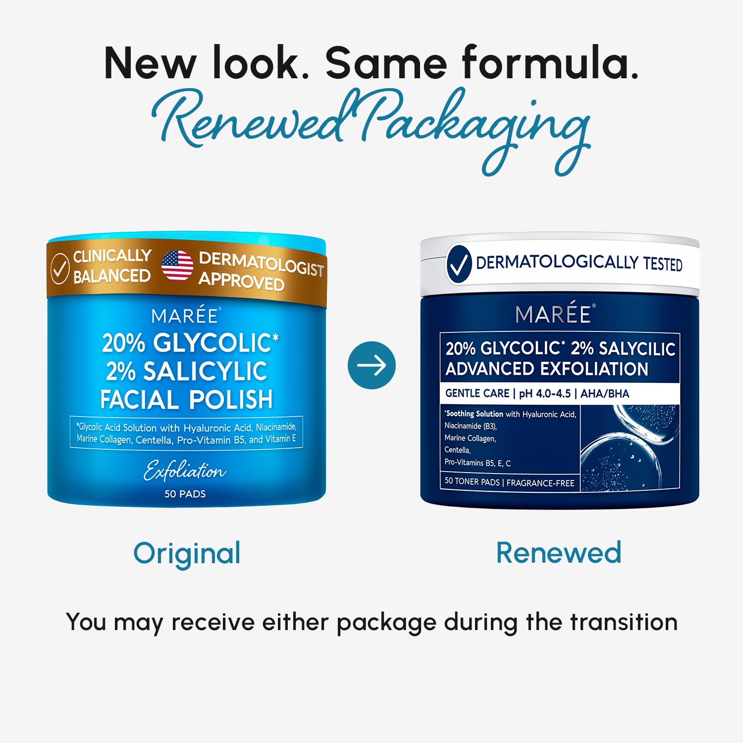 MAREE Glycolic Acid Pads & 2% Salicylic Acid – Toner Pads for Face with 20% Glycolic Acid Solution – Face Exfoliating Pads, Acne Clearing Face Pads – Skin Pore Resurfacing & Radiance Device – 50 Count - Image 2