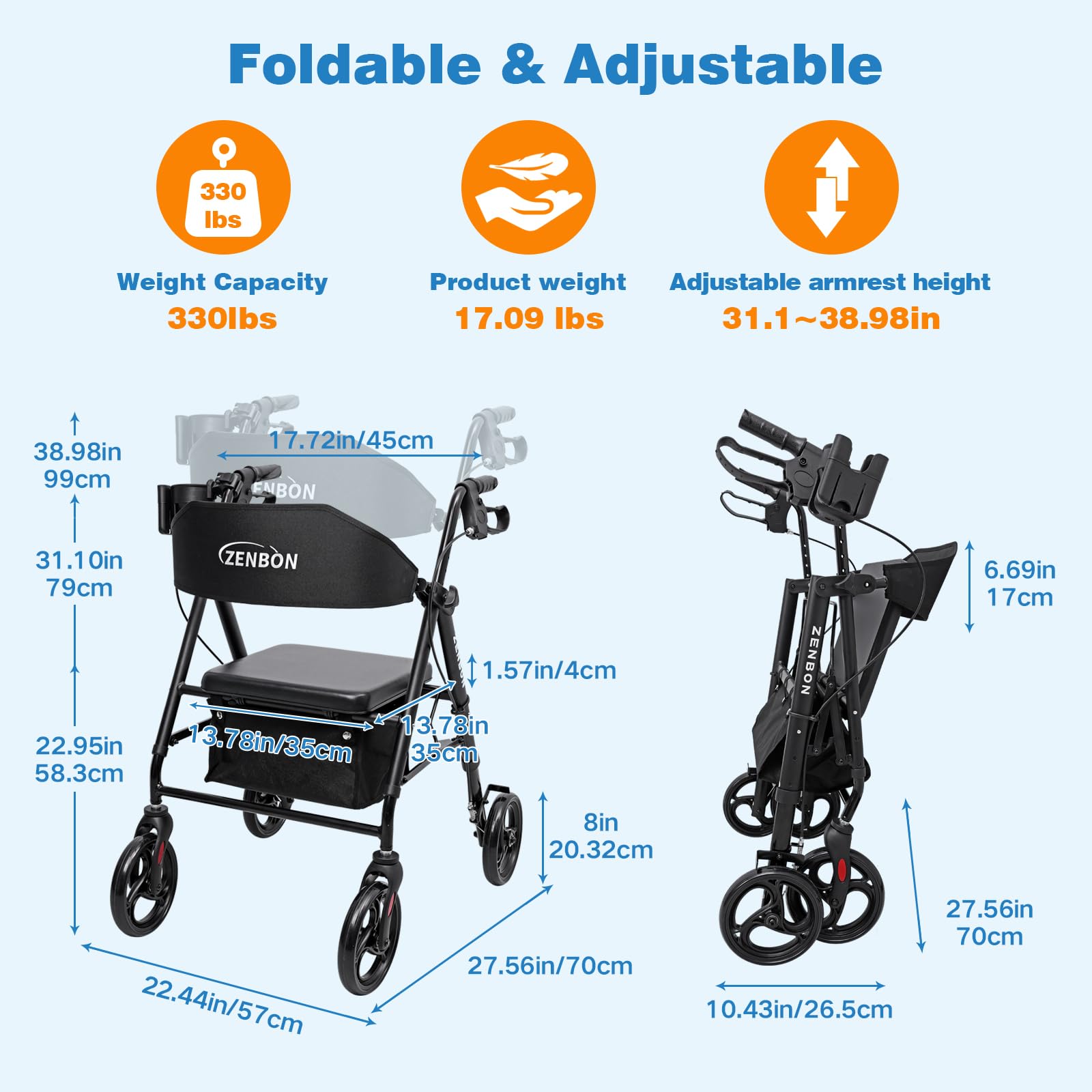Deambulatore per Anziani con Sduta: Girello 4 ruote in Alluminio - Deambulatore Pieghevole con Pneumatici da 20 cm per tutti i terreni - Rollator da viaggio altezza regolabile in 6 posizioni (Nero)