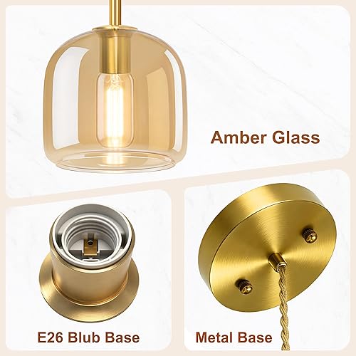 Miniatura 3 de Luces colgantes de isla de cocina, lámpara colgante dorada, luces colgantes de latón con pantalla de vidrio ámbar, lámpara colgante ajustable para