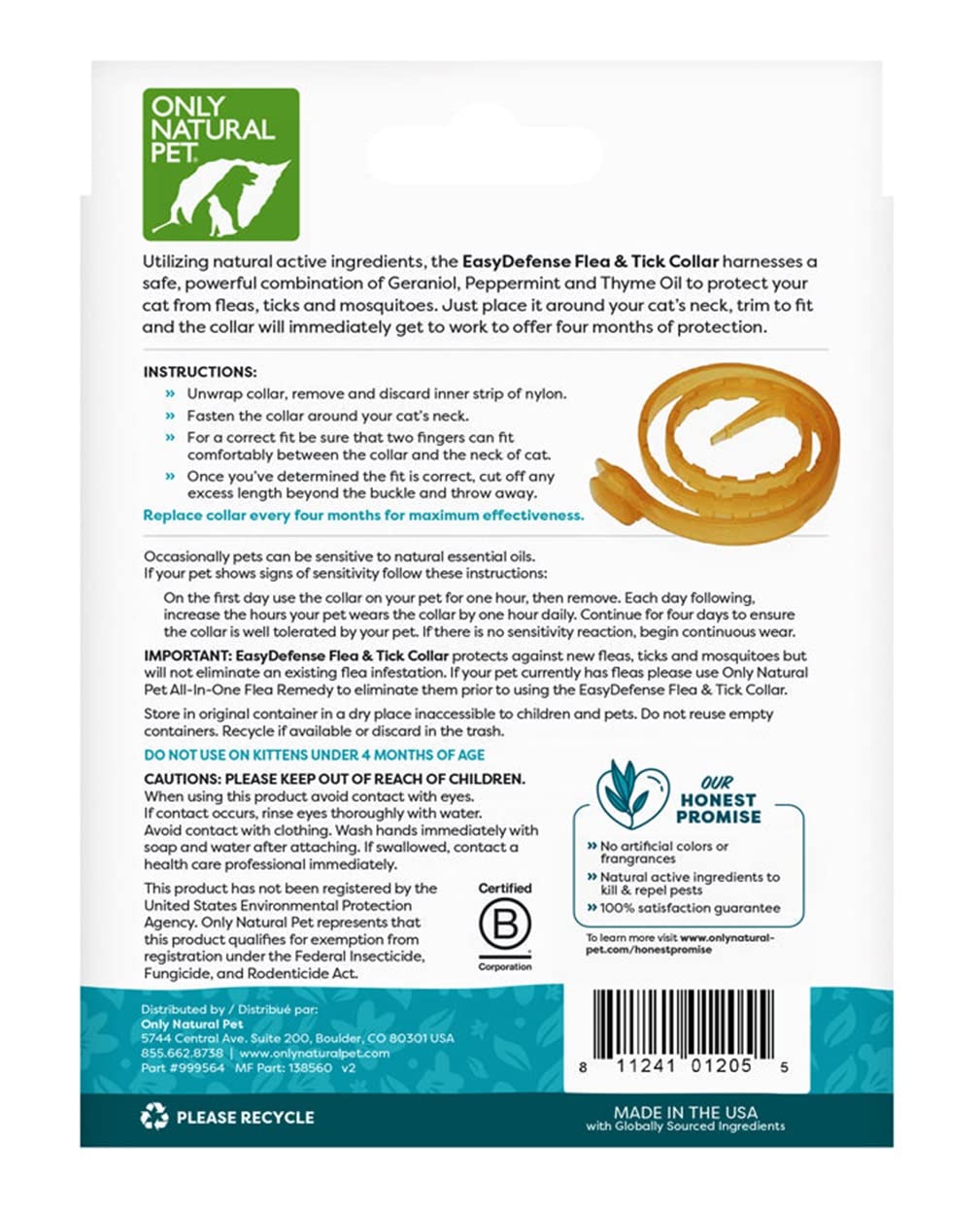 Only Natural Pet EasyDefense Non-Toxic Flea & Tick Cat Collar. Single Collar Protects for 4 Months!!! (Pack of 3)