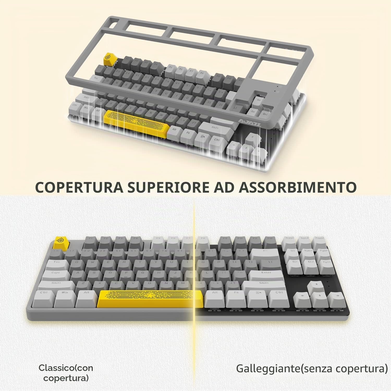 A.JAZZ AK873 Tastiera da Gioco 75%-Tastiera Meccanica con Interruttore Rosso Hot Swappable-Cavo USB C a Spirale-RGB 87 Tasti PBT Keycap-Coperchio Top Magnetico Staccabile per PC/Mac-LightGrey