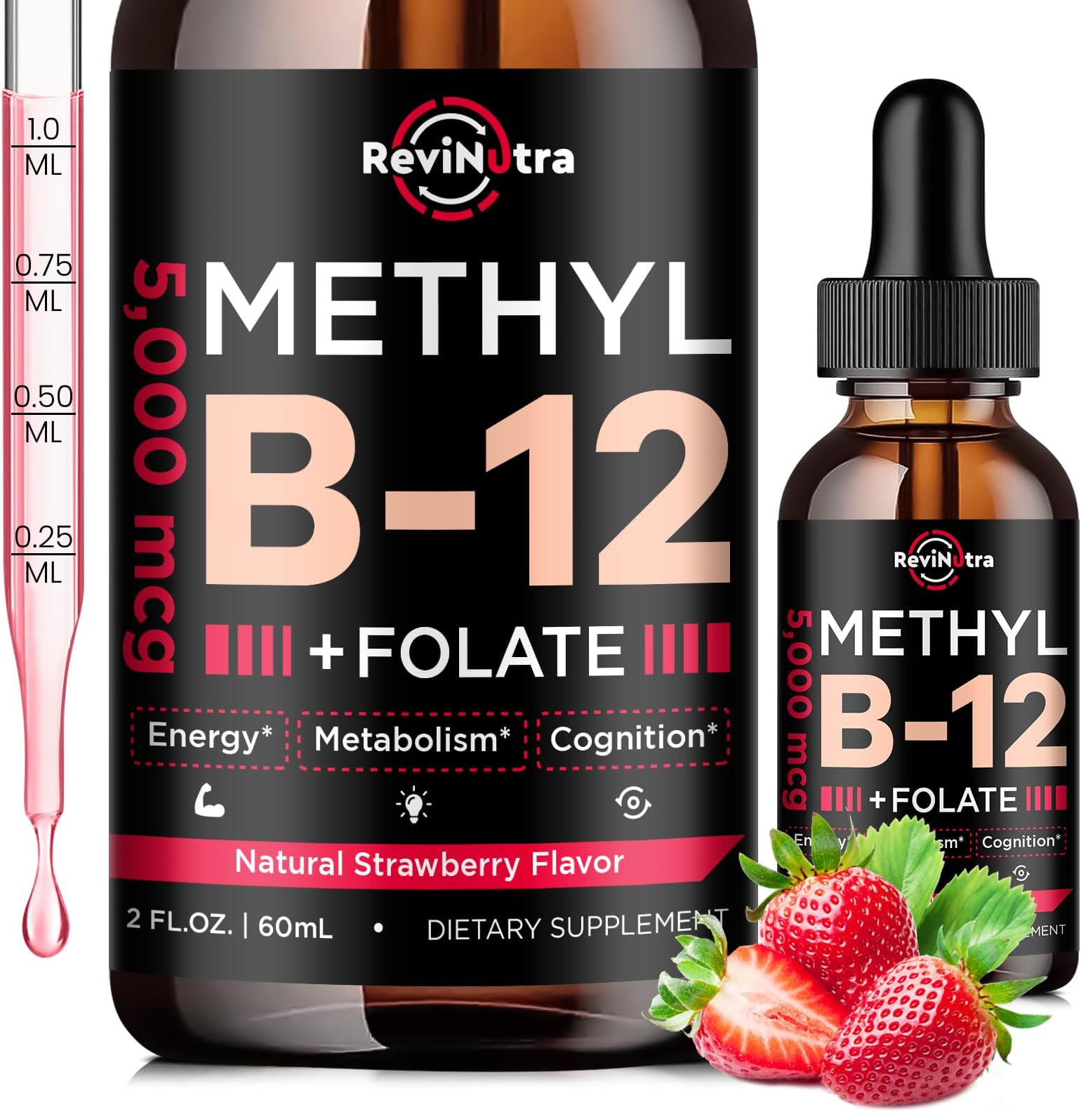 Vitamin B12 liquid Drops, B12 vitamins 5000 mcg, Vitamin B Complex Supplement with Methylcobalamin B12 Sublingual, Vitamin B6, Folate for Energy, Brain, Heart Health, Vegan Strawberry Flavor 2 Fl Oz