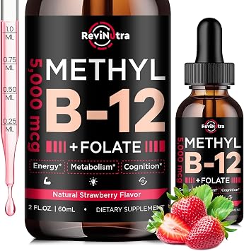 Vitamin B12 liquid Drops, B12 vitamins 5000 mcg, Vitamin B Complex Supplement with Methylcobalamin B12 Sublingual, Vitamin B6, Folate for Energy, Brain, Heart Health, Vegan Strawberry Flavor 2 Fl Oz
