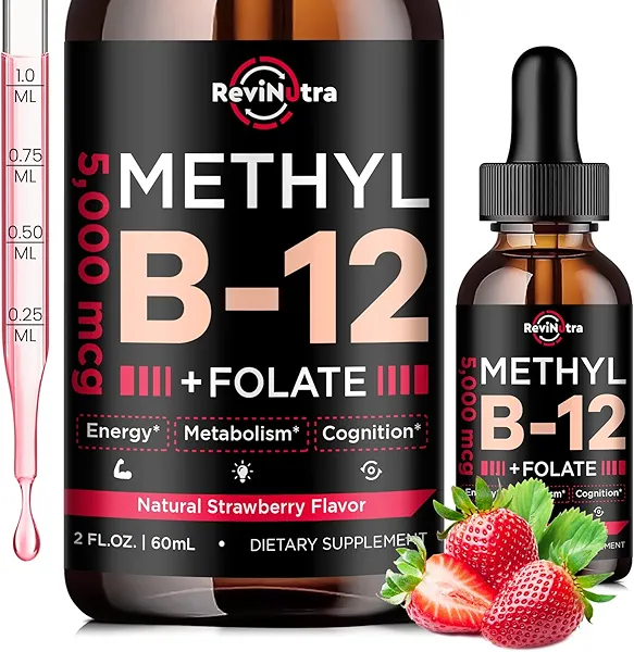 Vitamin B12 liquid Drops, B12 vitamins 5000 mcg, Vitamin B Complex Supplement with Methylcobalamin B12 Sublingual, Vitamin B6, Folate for Energy, Brain, Heart Health, Vegan Strawberry Flavor 2 Fl Oz