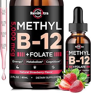 Vitamin B12 liquid Drops, B12 vitamins 5000 mcg, Vitamin B Complex Supplement with Methylcobalamin B12 Sublingual, Vitamin B6, Folate for Energy, Brain, Heart Health, Vegan Strawberry Flavor 2 Fl Oz