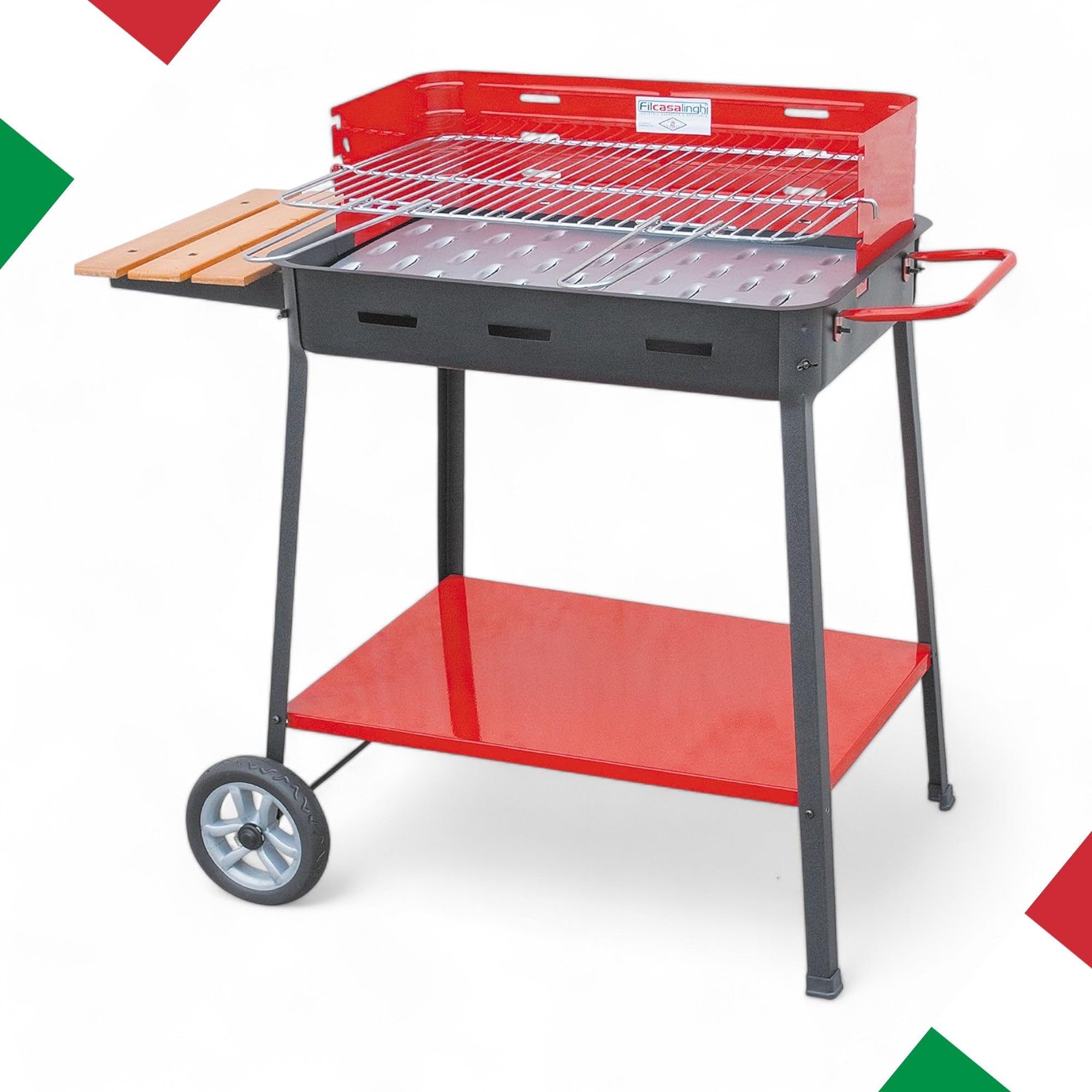 Barbecue BBQ a carbonella con Ruote griglia Regolabile Acciaio Verniciato smaltato ripiano Laterale Legno 60x40x85cm