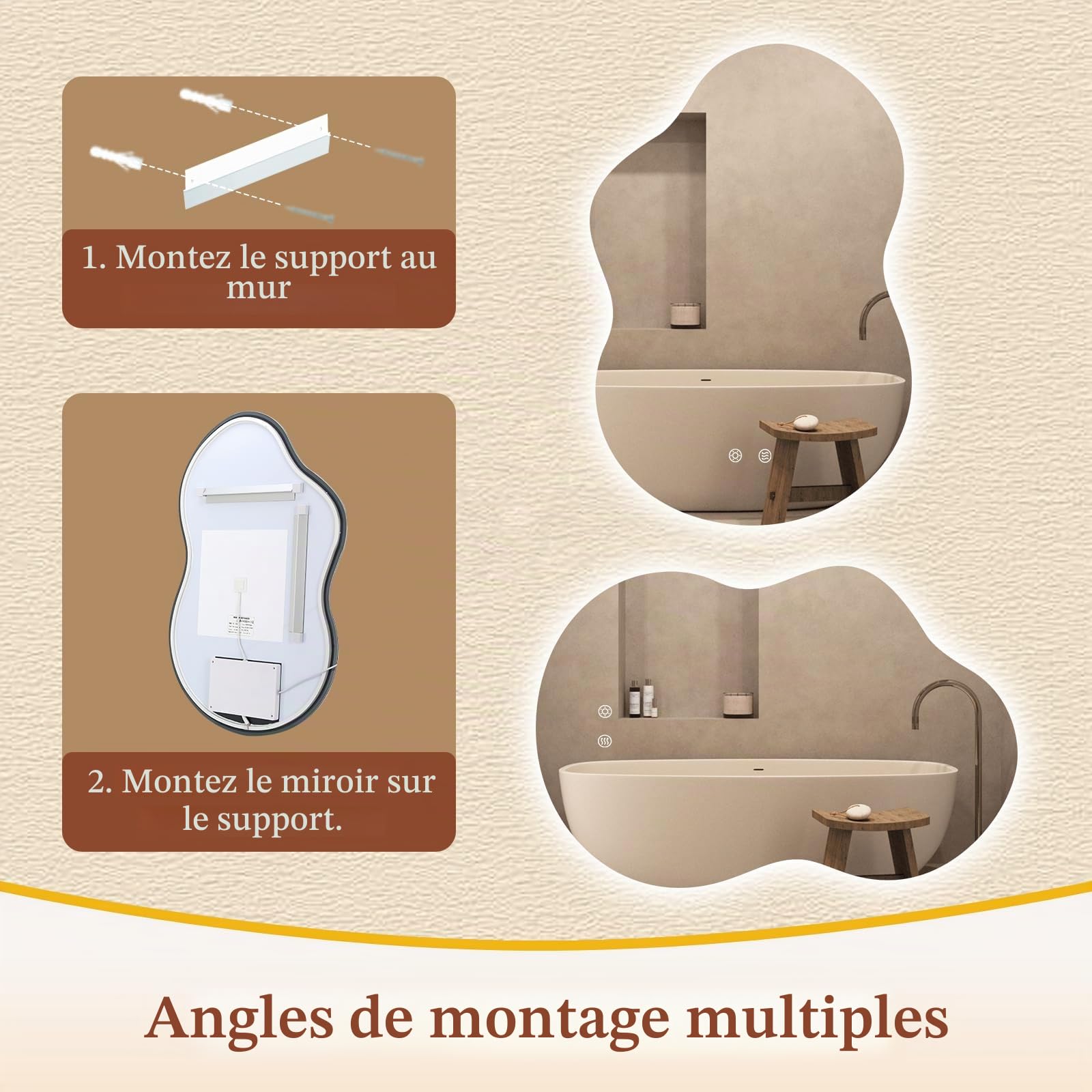Clevich Miroir de Salle de Bain avec éclairage asymétrique 90 x 60 cm, Miroir LED avec 3 Couleurs de lumière à intensité Variable, Verre trempé, Interrupteur Tactile, Fonction mémoire, Anti-buée