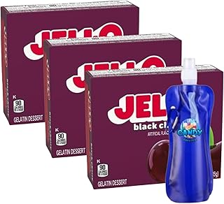 Gelatin Dessert Mix (3-Pack, 3 oz Boxes) with Candy Freezer Collapsible Water Bottle – 90 Calories per Serving (Black Cherry) Bottle