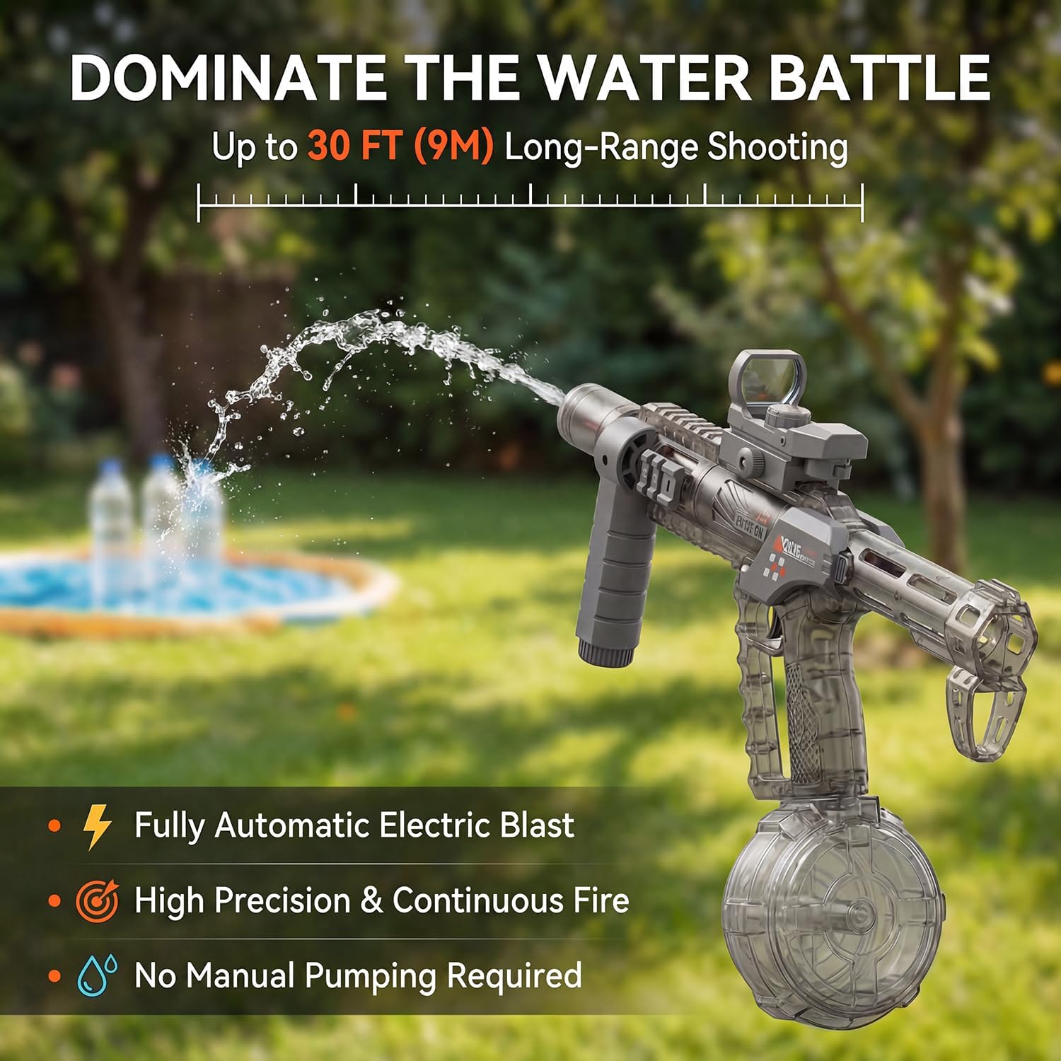 Electric Water Gun, Pistol Style Automatic Water Blaster with 166ml Tank, Motorized Squirt Guns up to 30 FT Range, Summer Outdoor Pool Backyard Party Toys for Kids and Adults (Rifle-Black)
