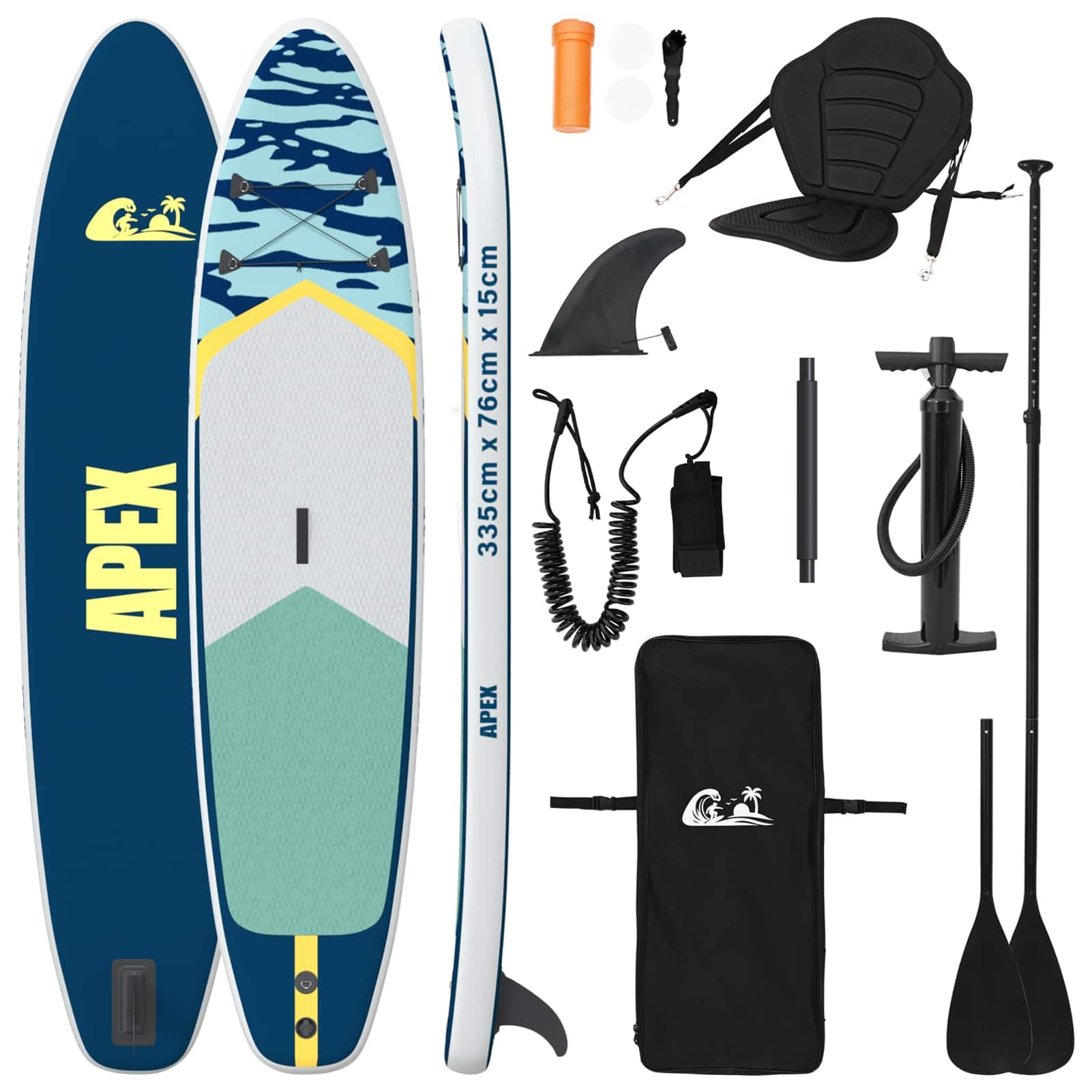 SUP-Board 2-in-1 m. Sitz 335x76x15cm blau, PVC, Pumpe, Paddel, Leash, Tasche