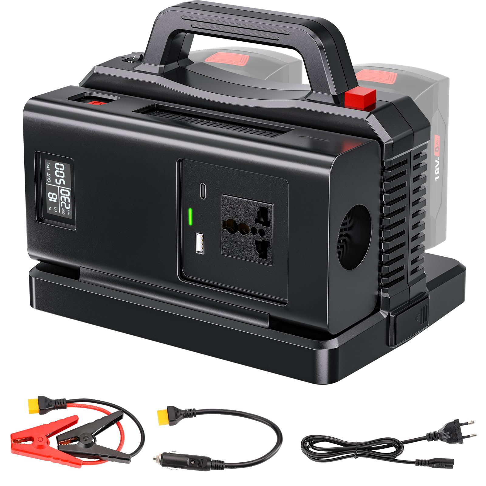 Adisipsoarin 500W Wechselrichter mit Reiner Sinuswelle für Bosch 18V Batterie (ohne Batterie), 18V auf 230V Spannungswandler, mit Dual-USB-Anschluss und EU-Steckdosen, Inverter (2-Ports)