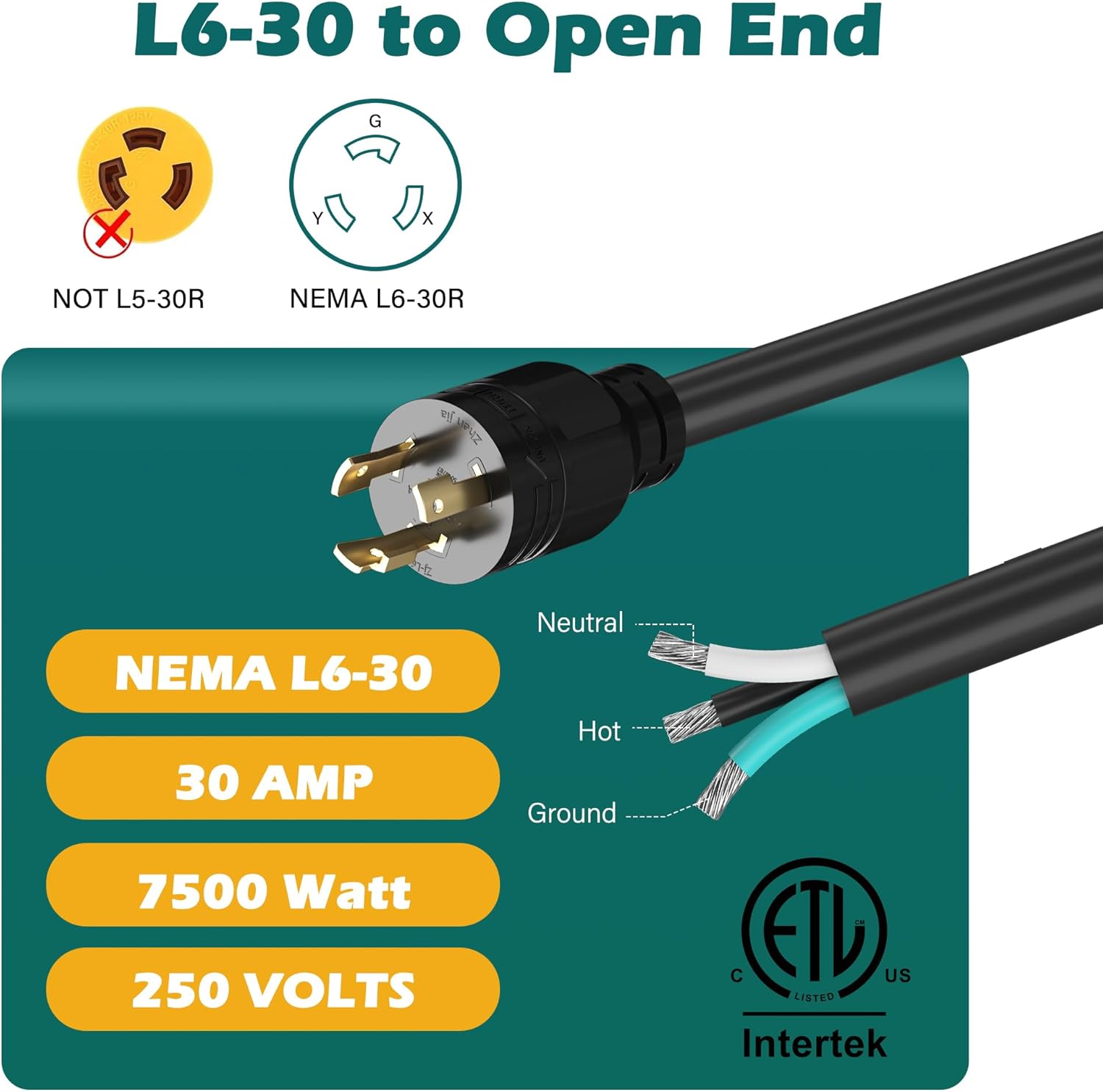 3 Prong 30 Amp RV Replacement Power Cord 10 Ft, NEMA L6-30P to Open End 3 Wire, SJTW Outdoor, Heavy Duty 10/3 AWG 250V 7500W, Locking Plug for Generator EV Trailer Campers Air Compressors-ETL