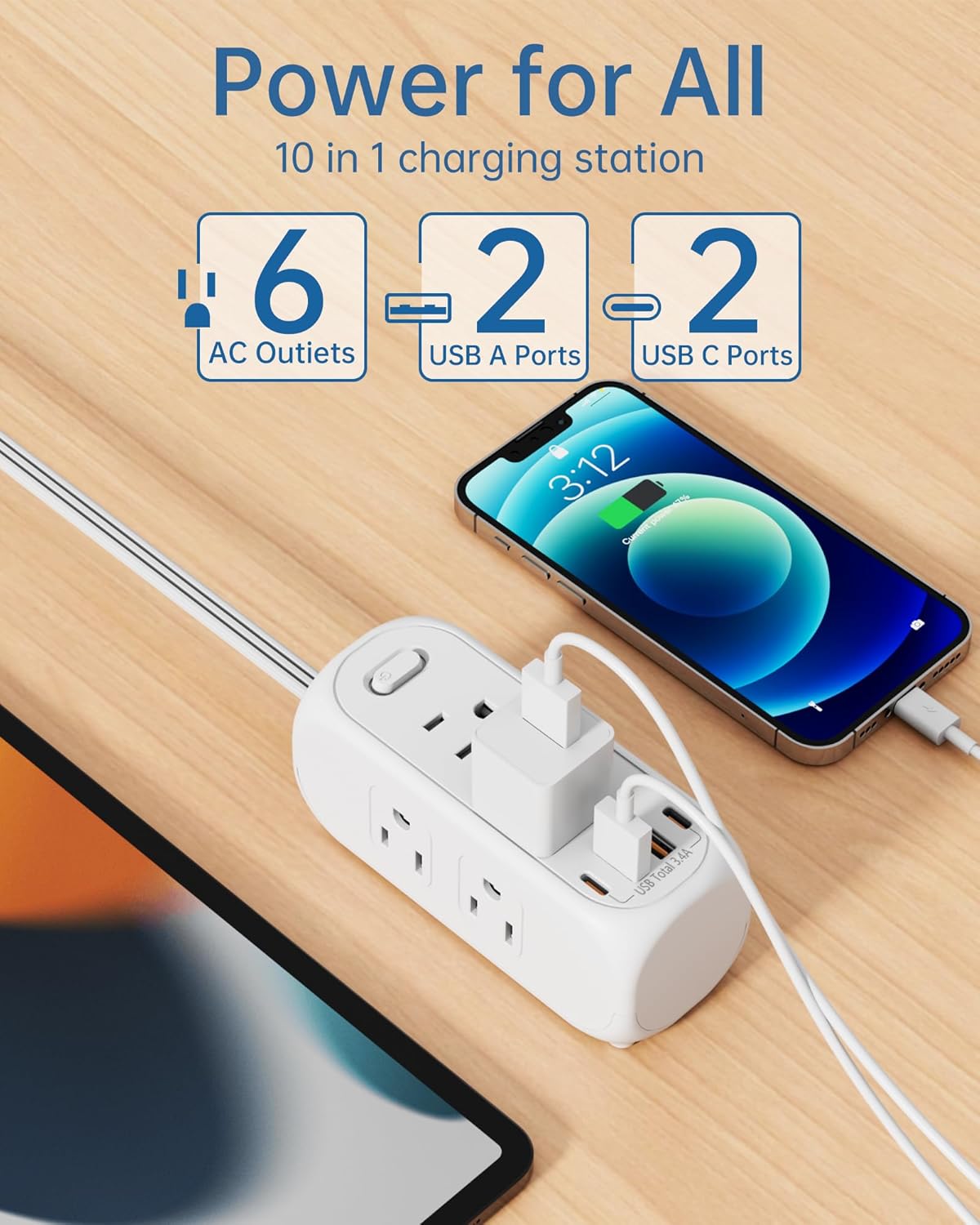 5Ft Extension Cord with Multiple Outlets, Flat Plug Power Strip Surge Protector with5 Ft Long Cord,6 Outlet 4 USB Ports, Multi Outlet for Travel, College, Dorm Room Essentials，Gift a USB Night Light.