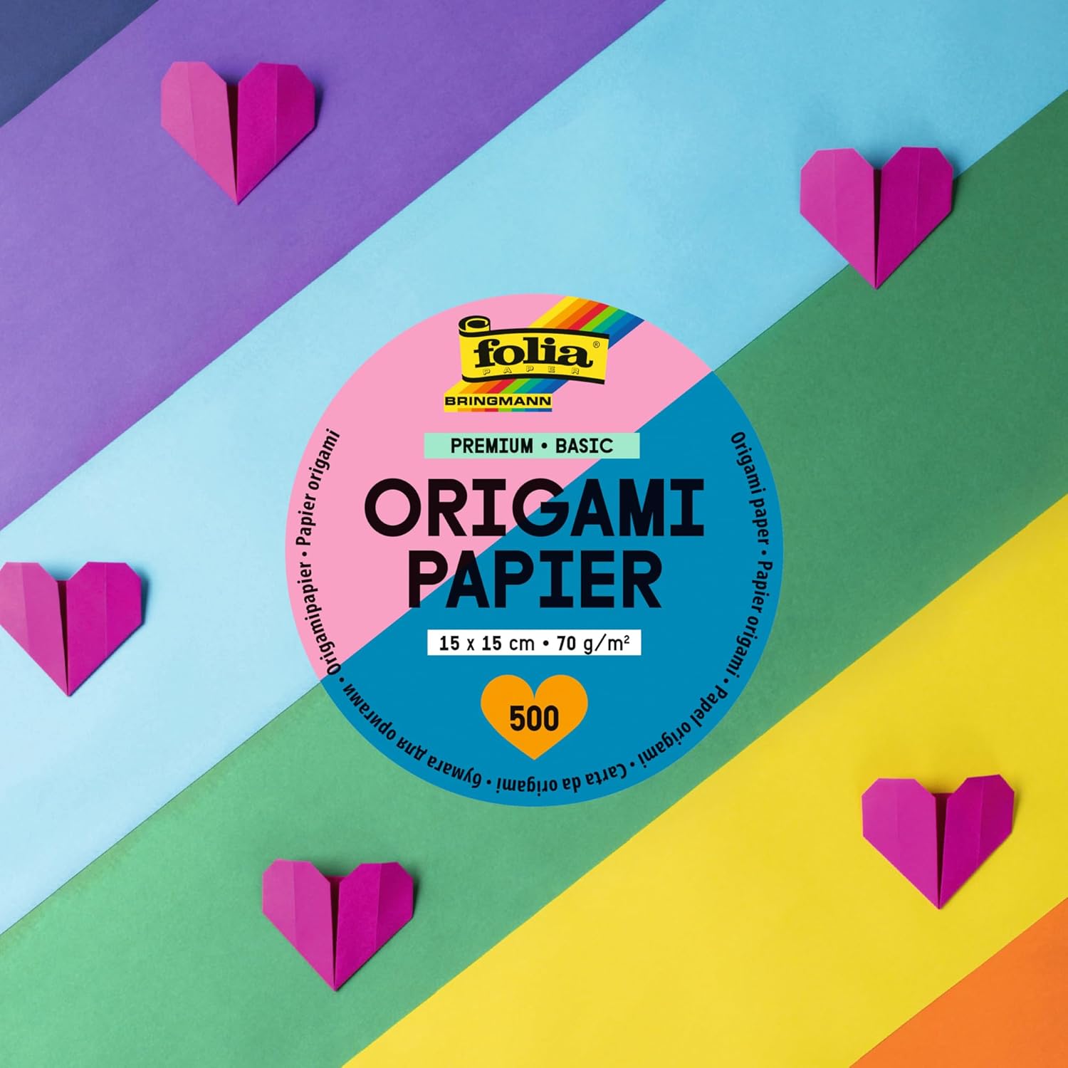 folia 89820 Premium Folding Sheets 70 g/m², Basic, 20 x 20 cm, 100 Sheets in 10 Different Colours, for Crafts, Decorating and Decorating