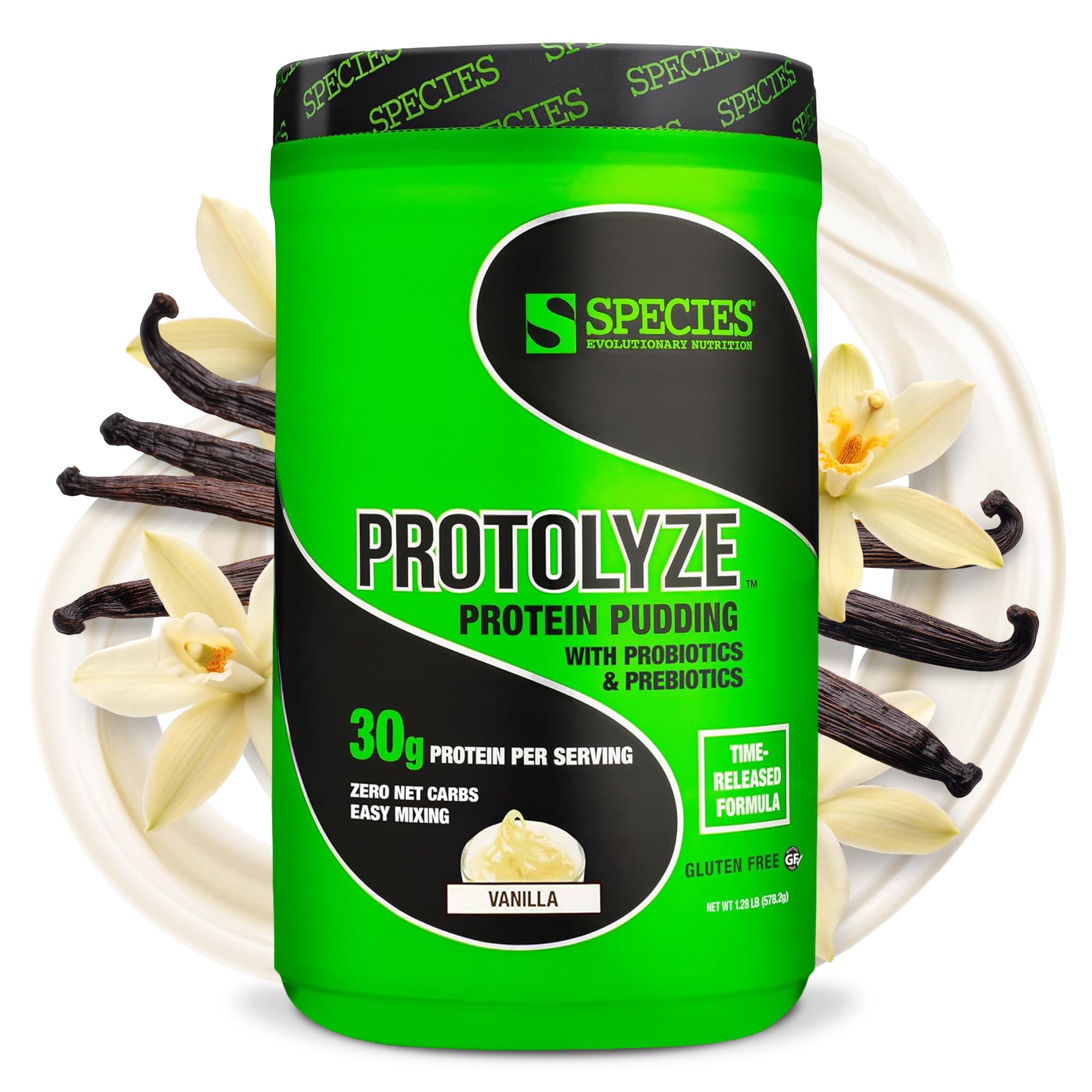 Species Nutrition Protolyze Pudim Proteico em Pó, Proteína do soro do leite isolada e caseína micelar, 30 g de proteína por porção, baunilha, 14 porções