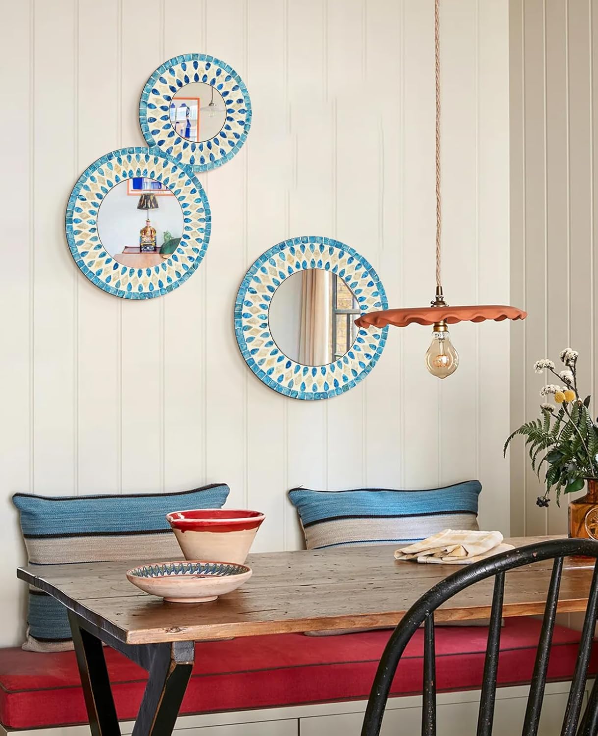 Handmade Mother of Pearl Mirror for Wall Decor, 3PCS Round Decorative Mirrors for Beach Nautical Home Hotel Coffee Shop, Natural Plate Art Hanging Sculpture for Dorm Apartment Entryway (Blue)