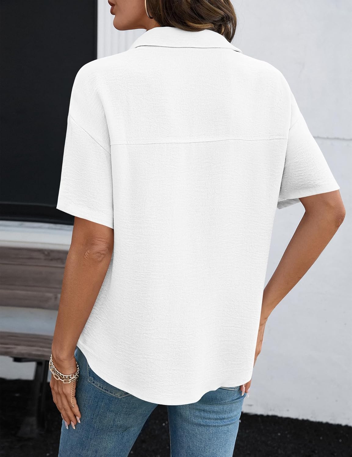 Rapbin Womens Short Sleeve Button Down Shirts Casual V Neck Collared Blouses Work Tops - Image 2