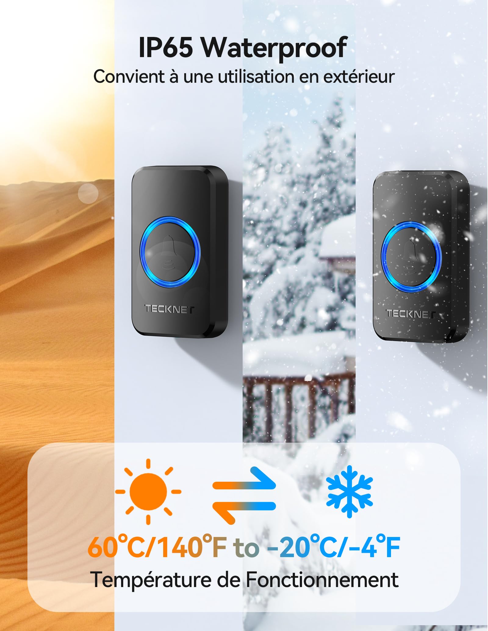 TECKNET Sonnette sans Fil Exterieur Etanche, Sonnette sans Fil Portée 600m, Kit de Sonnette avec 1 Récepteur Enfichable et 2 émetteurs, Indicateur RVB, 60 Mélodies, 5 Niveaux de Volume