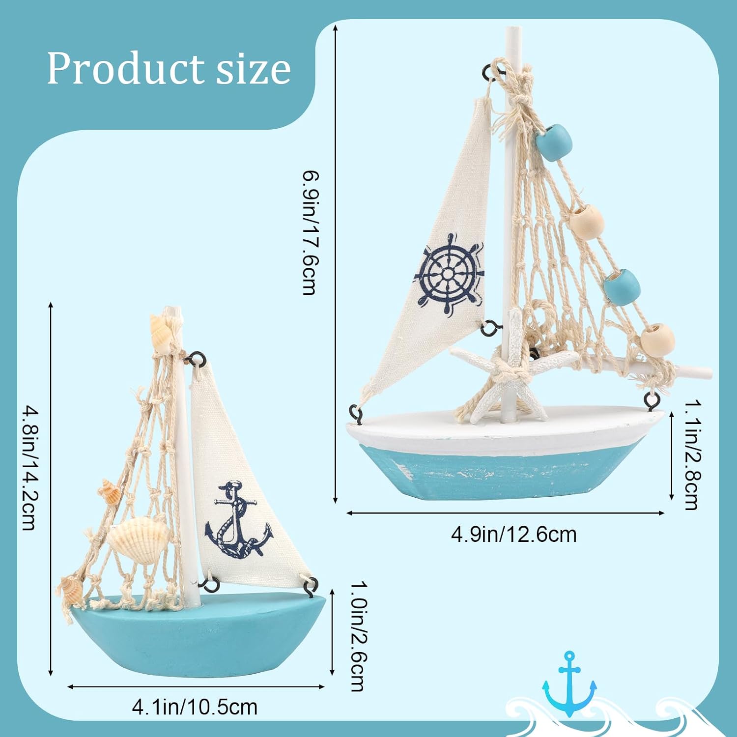 Mini Sailboat Model 2 PCS Wooden Sailing Boat Home Decor Set Nautical Ornaments for Bedroom Office Bathroom Desktop (Sky Blue)