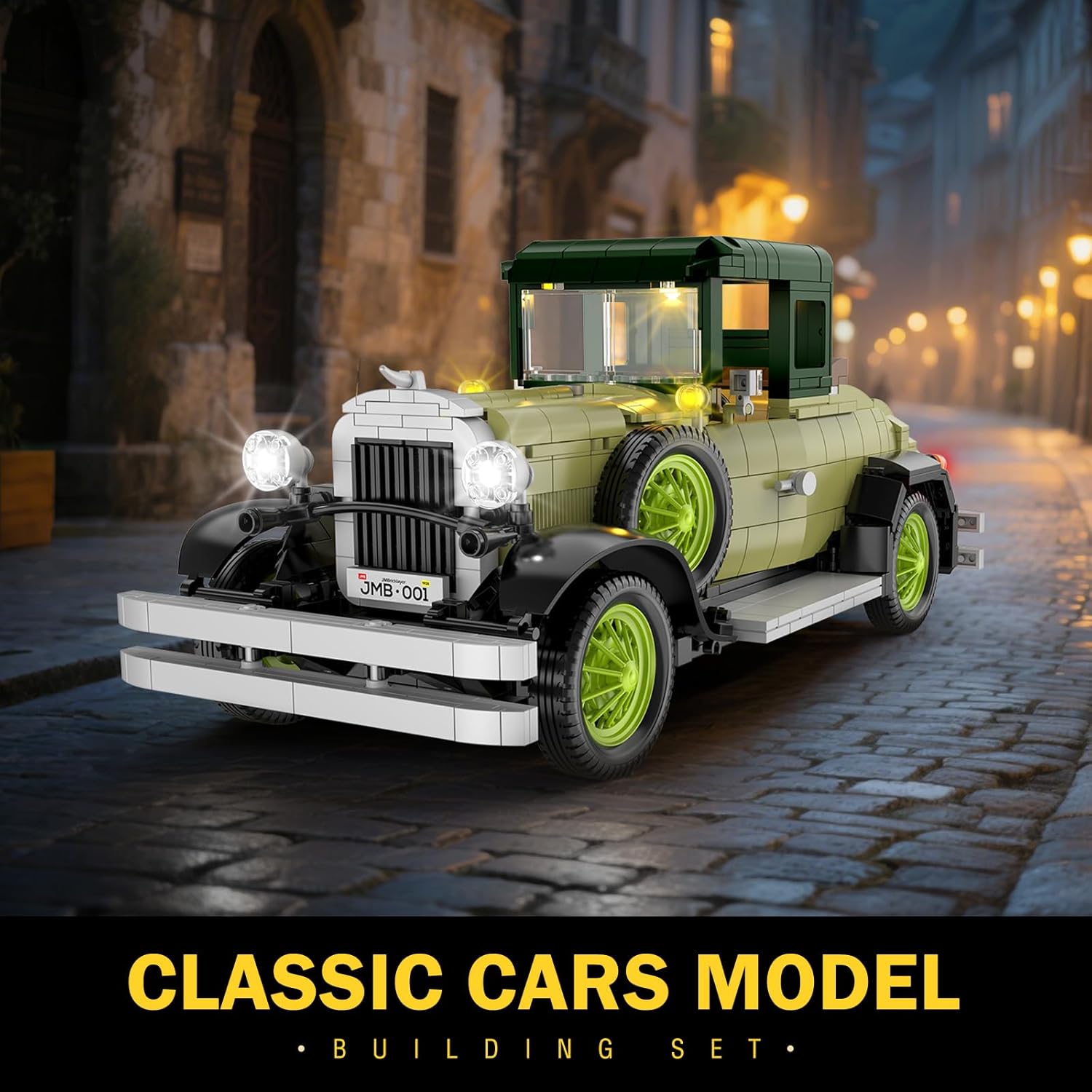 Vintage Classic Car Model Building Set with Light for Adults Boys Girls (1297 PCS), Antique Cars Model Home Office Collection, Retro Classic Car Building Toy