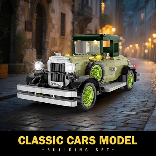 Miniatura 4 de Juego de construcción de modelo de automóvil clásico vintage con luz para adultos, niños y niñas (1297 unidades), modelo de autos antiguos,