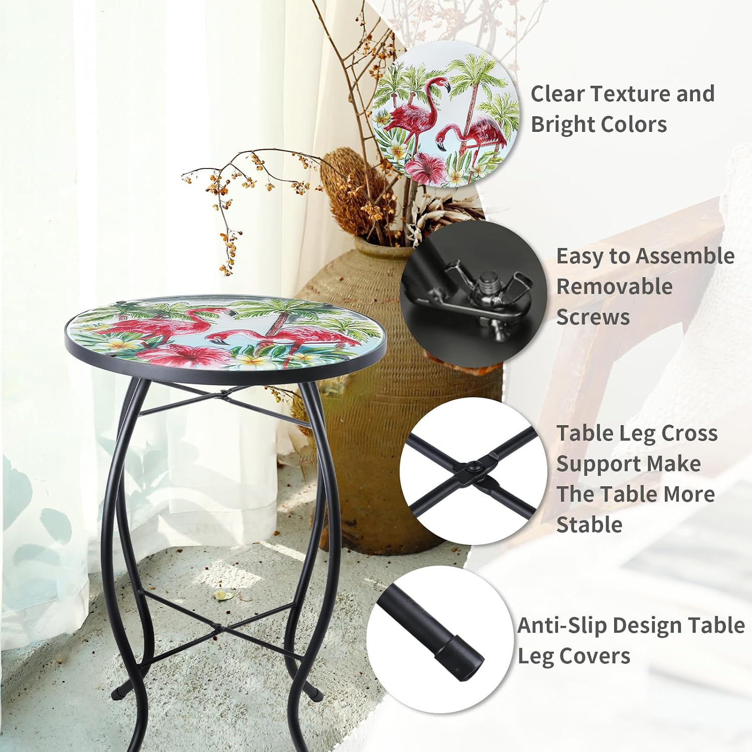 VCUTEKA Patio Side Table Outdoor Accent Table Small Mosaic Table Coffee Table End Porch Indoor Outdoor Round Glass Balcony Bistro Three Flamingos 14 inches