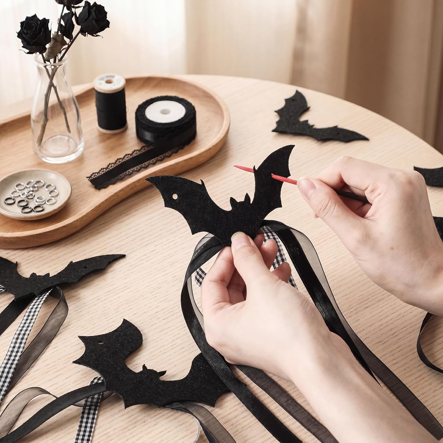 Irenare 2 Pcs Halloween Bat Garland Black Flying Bat Bow Banner with Ribbon