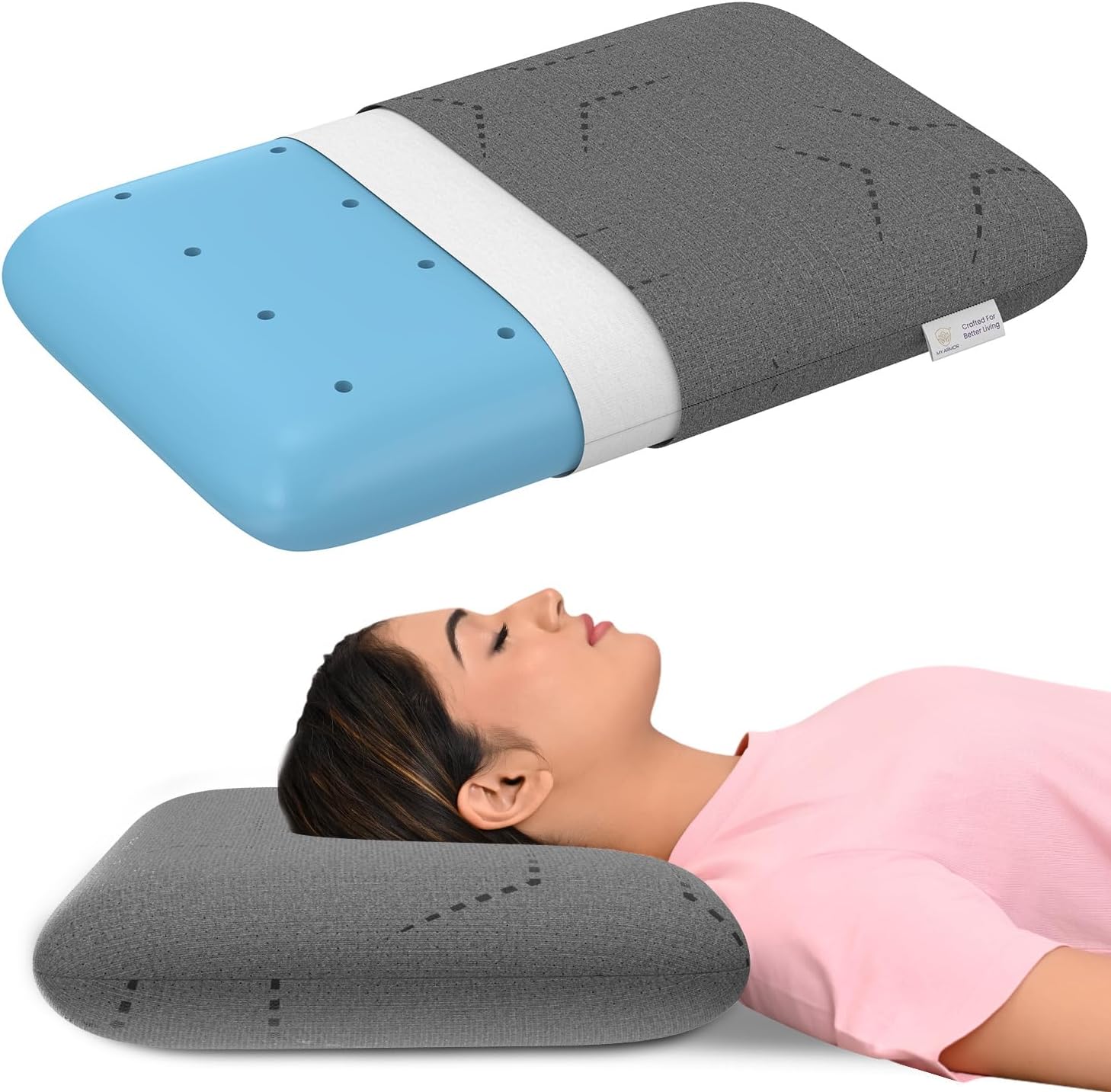 MY ARMOR Ventilated Cool Gel Memory Foam Pillow, Orthopedic Pillows for Neck Pain Relief, Queen Size - 4.5 Inch Thickness with Grey Colour Removable Pillow Cover - Pack of 1