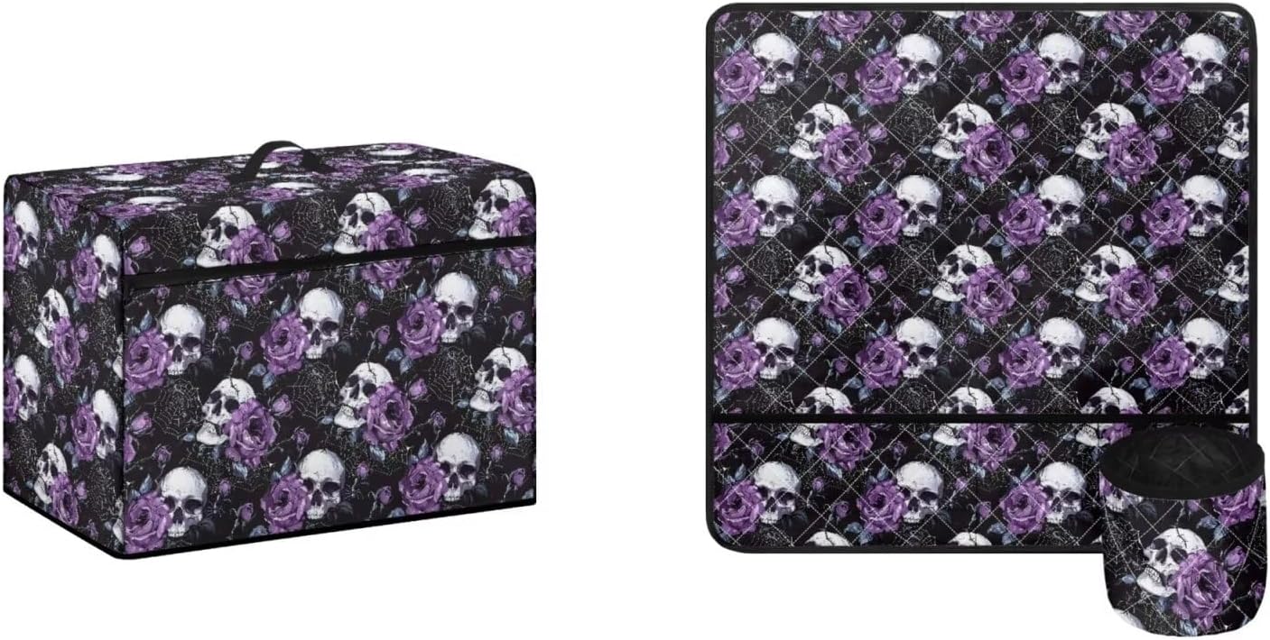 Skull Purple Roses Universal Sewing Machine Dust Cover with Handle and Zipper Pockets, Sewing Machine Pad for Table to Reduce Noise Dust Cover Protective Mats, Home Halloween Decor