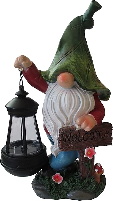 G&H Decor Garden Gnome Decorations with Solar Lights - Large Garden Hand Painted with Amazing Detail Statue and Sculpture - Funny Resin Gnomes Garden Figurines for Outdoor Patio Lawn Decor (Lantern)