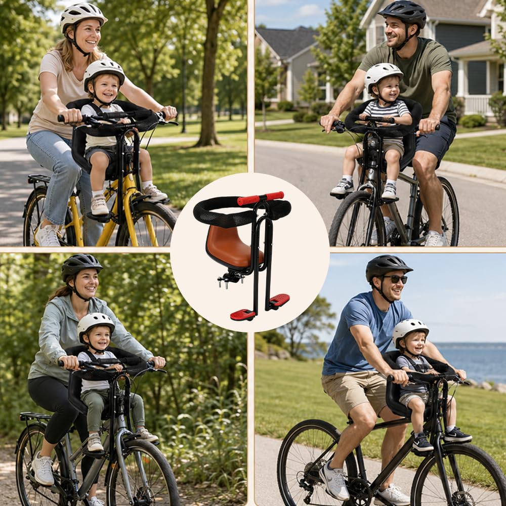Siege Velo Enfant Avant, Confortable Siège De Vélo pour Enfant, Grille Protection Intégrale Réglable Siege Bebe Velo, Siège Bébé Avant VTT & Vélos Pliants, Marron
