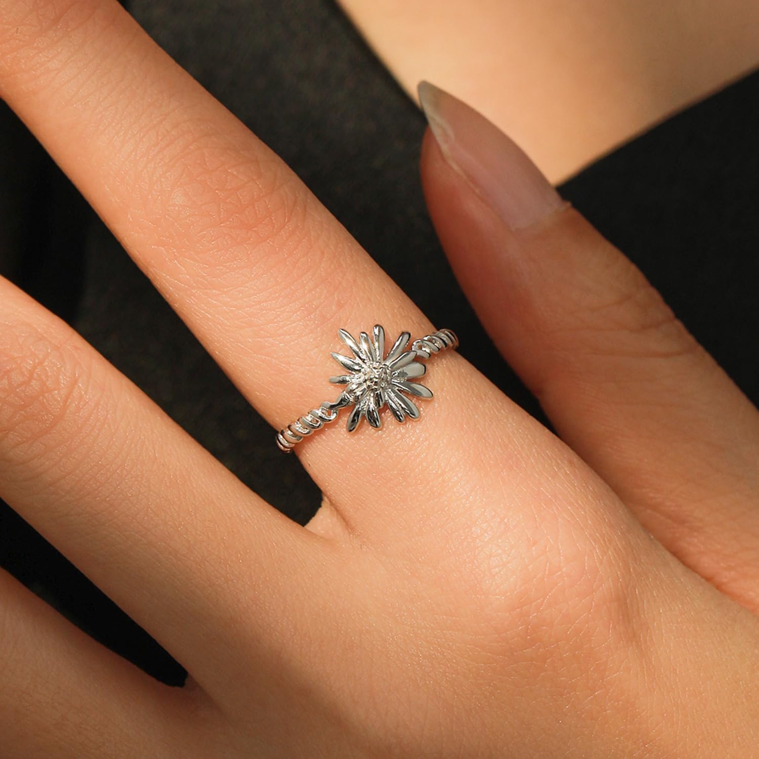 Kokoma Dainty Daisy Flower Sterling Silver Ring for Women Minimalist Sunflower Floral Statement Ring Engagement Promise Rings Finger Band - Image 2