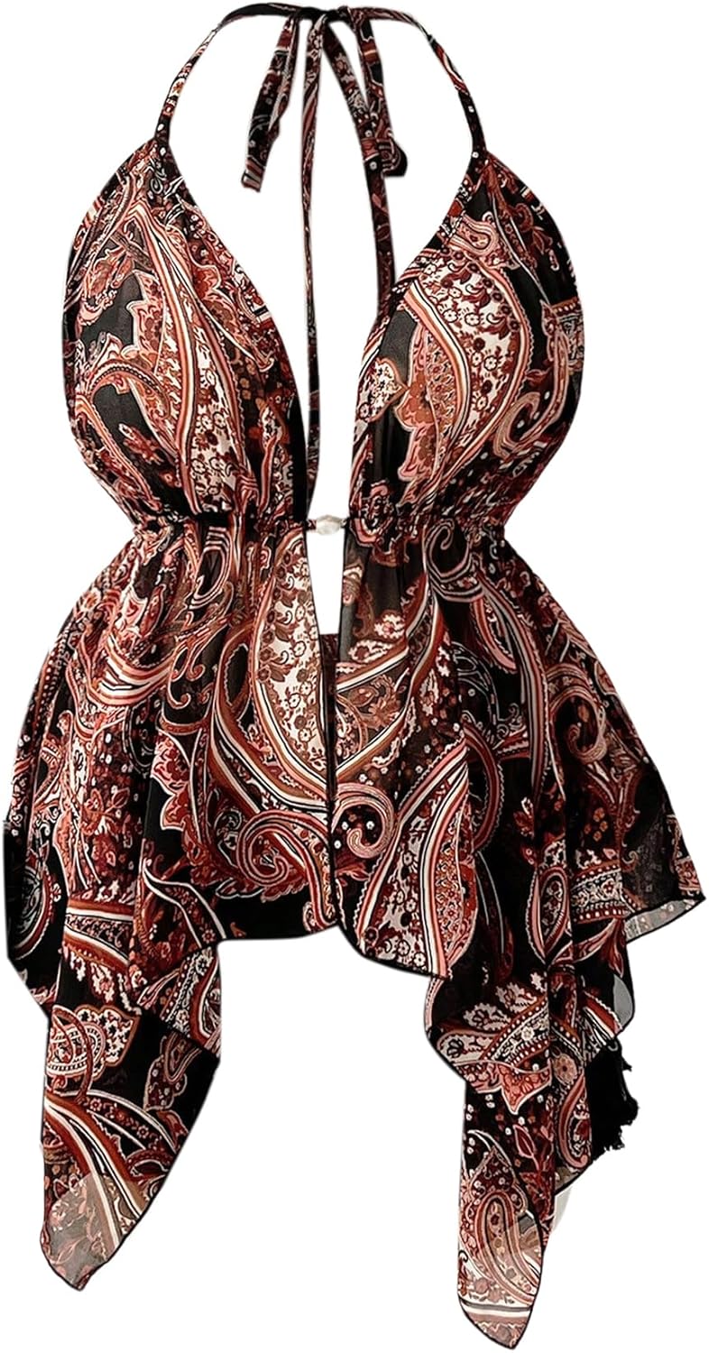 Women's Plus Size Western Tribal Halter Top Boho Ruffled Backless Asymmetrical Camisole Tops Hippie 70s Outfits - Image 4