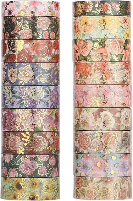 Grekywin 18 Rolls Floral Washi Tape Set, 10/15 mm Wide, Colorful Flowers Pattern Gold Foil Print, Chinese Style Masking Tape Décor for Scrapbook, Bullet Journal, Gift Wrapping (3m)