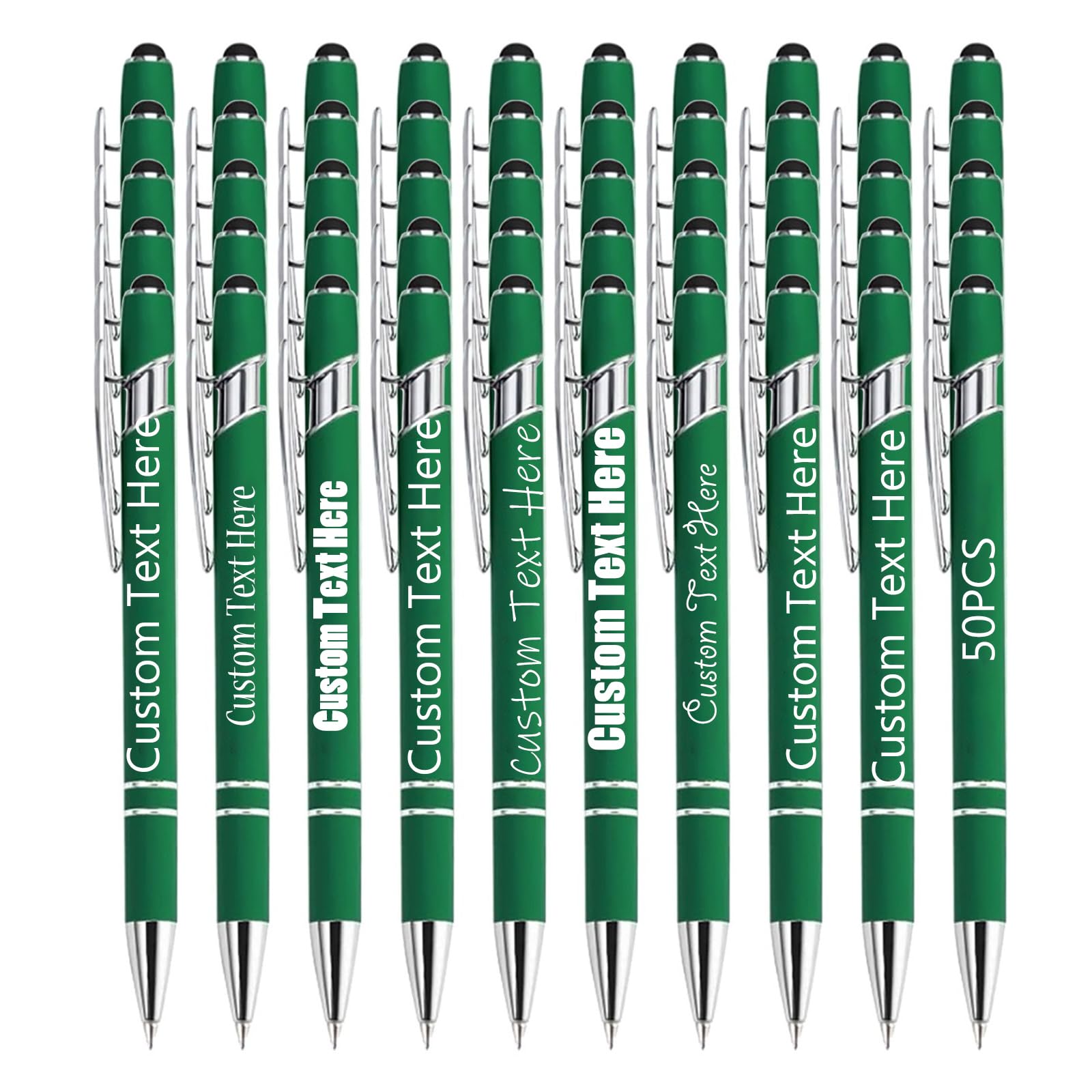 Personalised Pens Bulk Pack of 50, Custom Engraved Ballpoint Pen with Stylus Tip, Soft Touch Metal Retractable Writing Tool, Ideal Business Corporate Graduation Wedding Gifts (Dark Green)