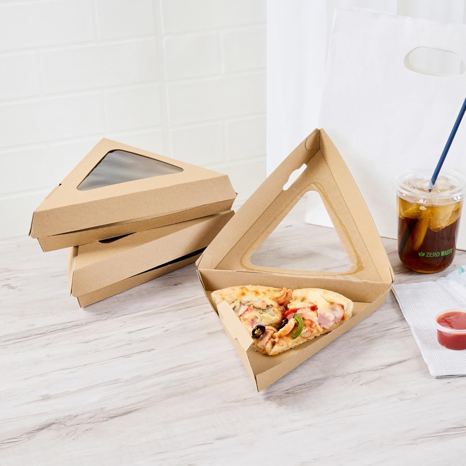 Restaurantware Kraft Pizza Container 100 Pack 8.28 x 9.28 x 1.88 Inches Paper Clamshell Takeout Box Corrugated Design Kraft