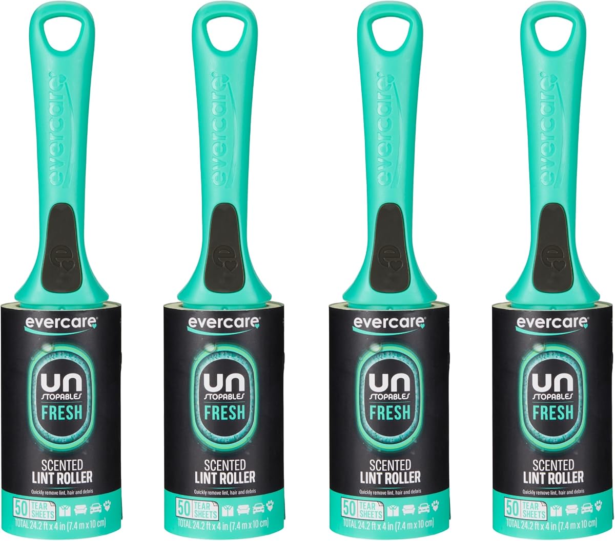 with Unstopables Fresh Scent All-Purpose Lint Roller, 4-Pack, 50 Layers Per Roller, Total 200 Sticky Sheets, Pet Hair & Lint Remover
