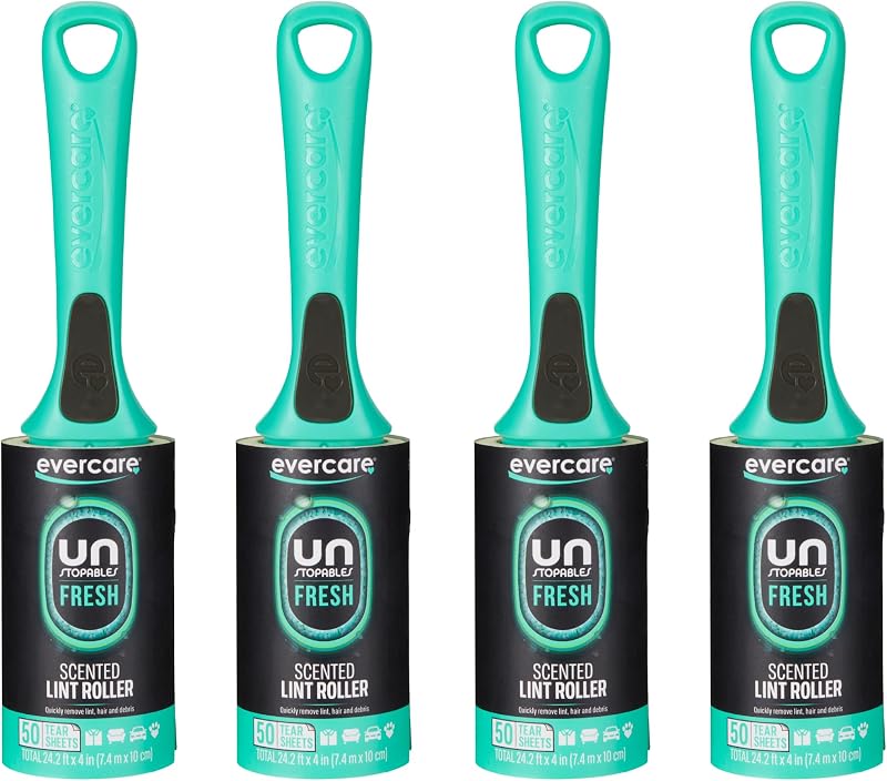 with Unstopables Fresh Scent All-Purpose Lint Roller, 4-Pack, 50 Layers Per Roller, Total 200 Sticky Sheets, Pet Hair & Lint Remover