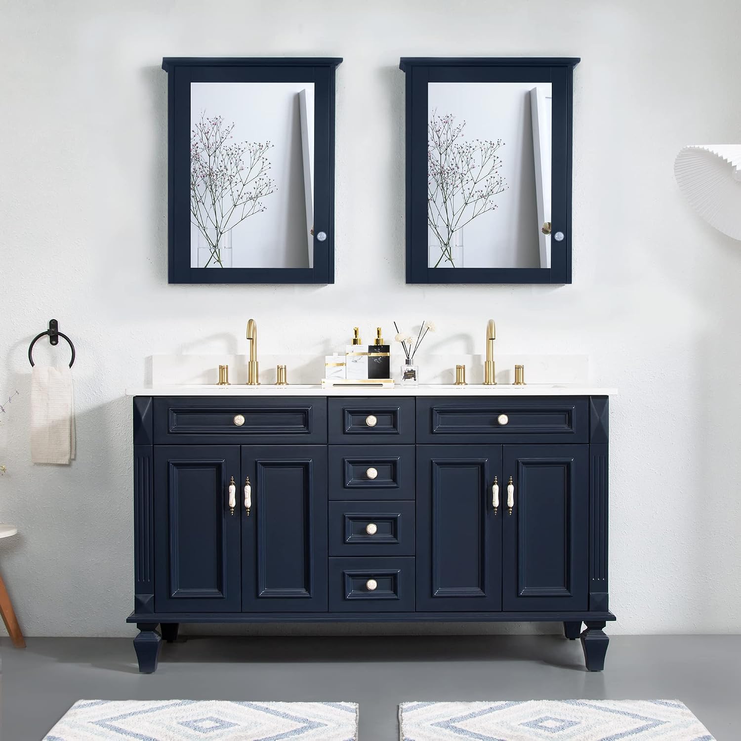 WELLFOR 60 inch Bathroom Vanity with Double Sinks, Vanity for Bathroom W/4 Doors and 4 Drawers, Bathroom Vanity Storage Organizer with Carrara White Marble Countertop and Sink Set, Navy Blue