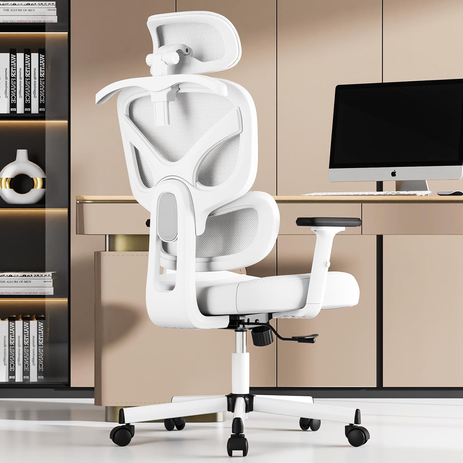 Office Chair, Ergonomic Desk Chair, High Back Desk Chair, Big and Tall Reclining Comfy Home Office Chair with Lumbar Support Breathable Mesh Computer Chair Adjustable Armrests 2312 Whitewhite