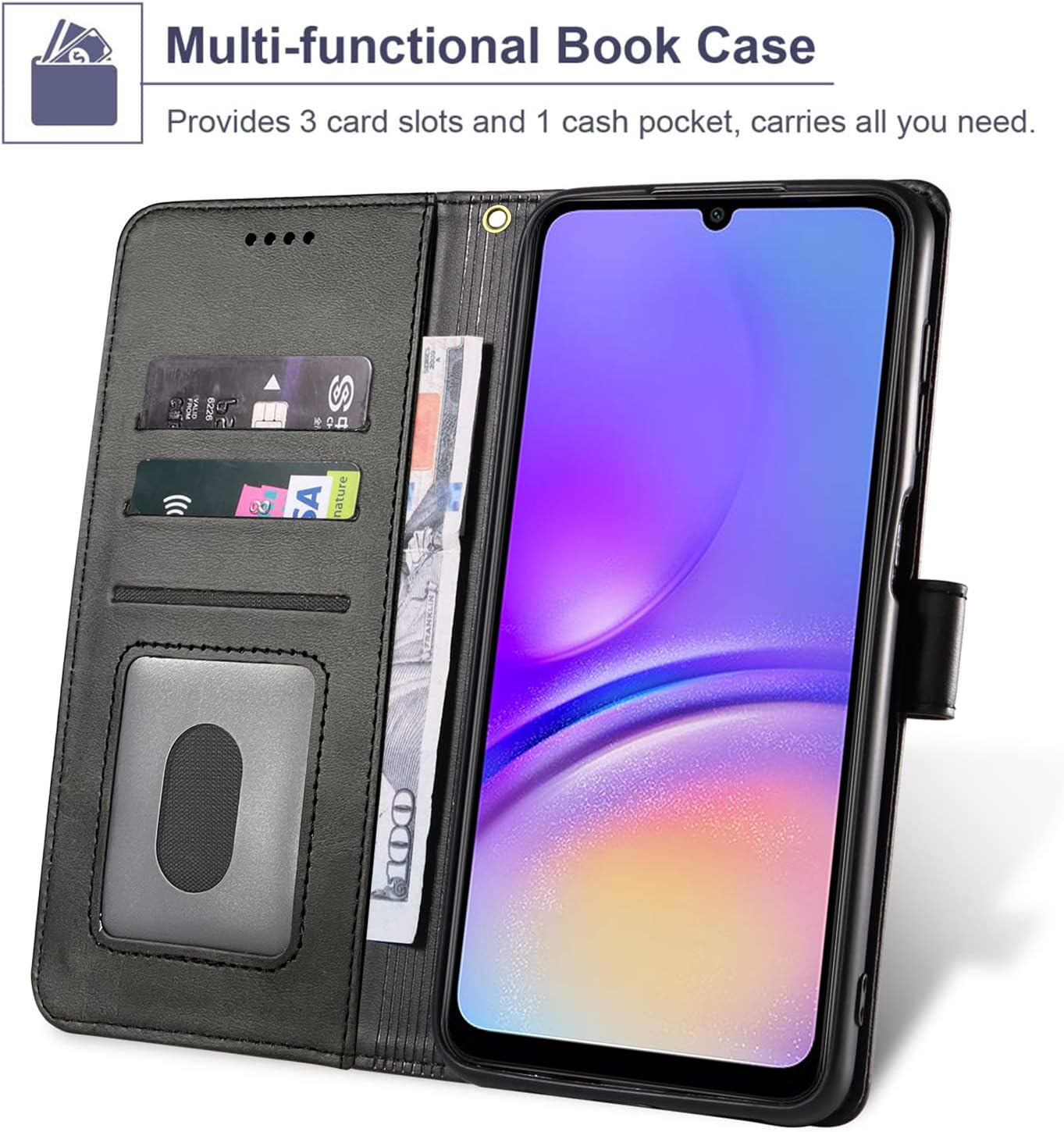 TTYSHTT for Samsung Galaxy A15 Case and Tempered Glass Screen Protector, PU Leather Flip Cover Wallet Phone Case Protector [Full Protection] [Card Slots] [Kickstand] for Samsung Galaxy A15, Black