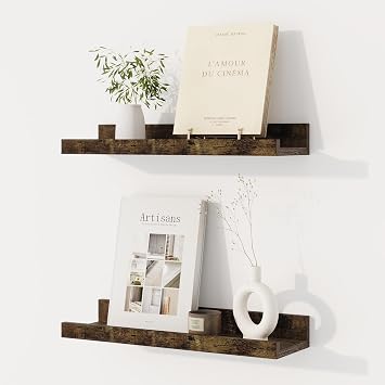 Dreamland Picture Ledge Shelf for Wall, Floating Shelves Set of 2,16 inch Long Floating Shelves with Lip for Living Room,Bedroom,Bathroom,Kitchen,Rustic Brown