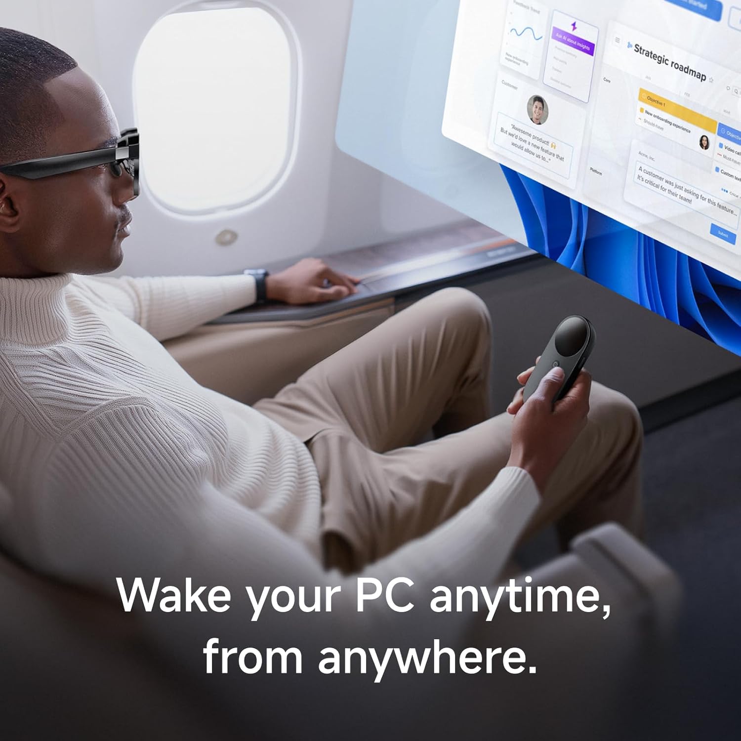 User wearing INAIR Spatial Computer glasses and holding a controller, remotely accessing a PC from an airplane.