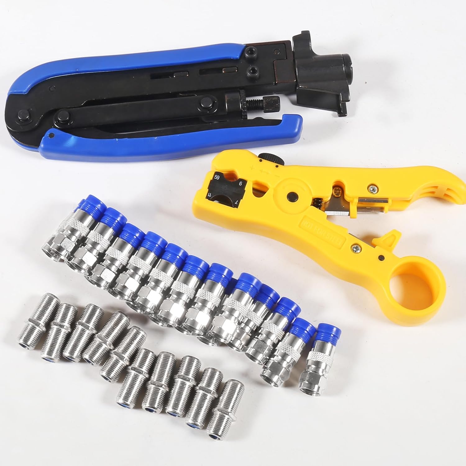 20Pcs F Type RG6 Compression Connectors Coaxial Cable Crimper Kit with Wire Stripper Repair Tool Compatible with RG59, RG6, RG11 Compatible Adjustable Tool for Satellite TV, Home Use