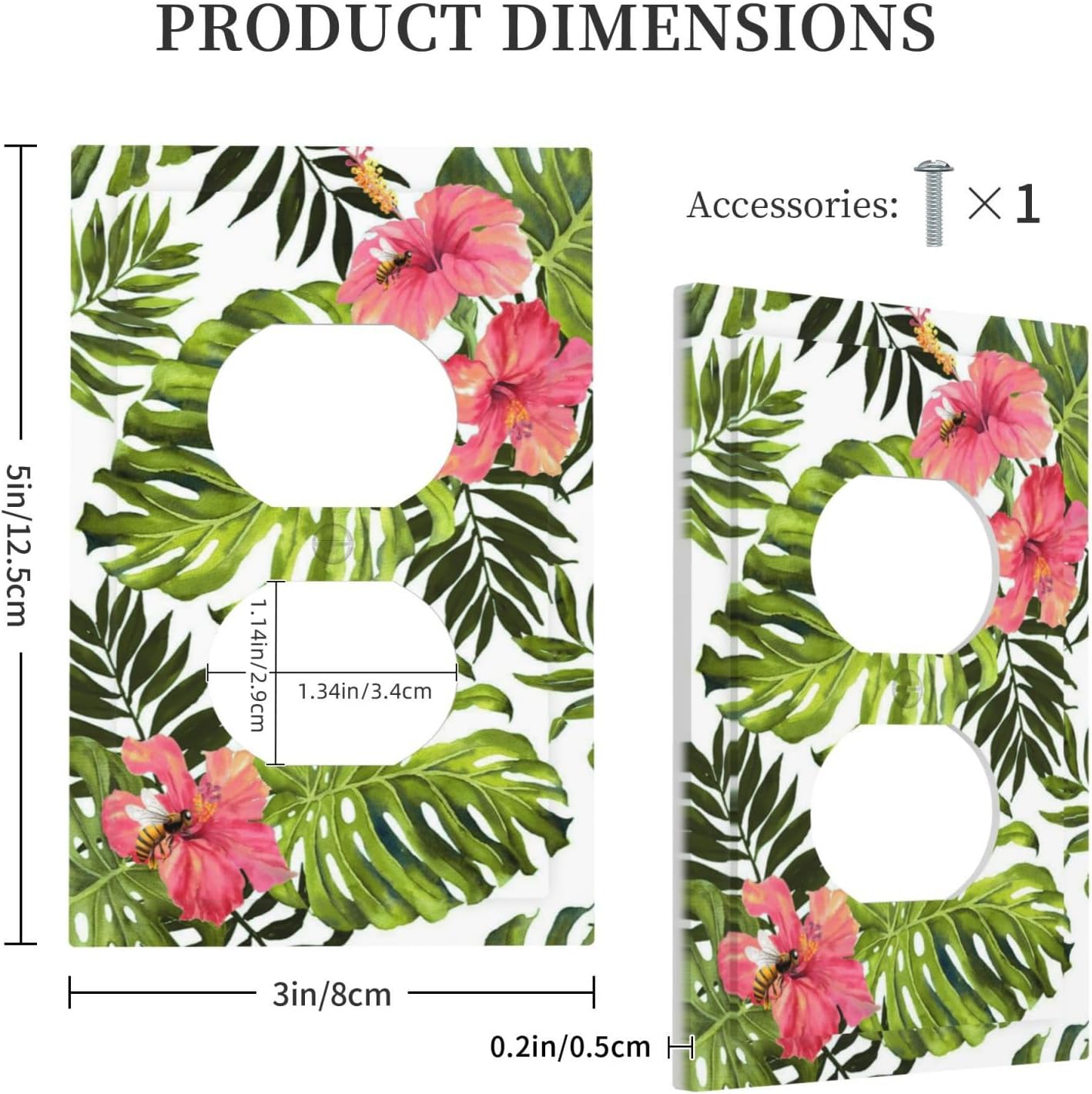Tropical Plant Green Palm 1 Gang Duplex Outlet Covers Light Switch Cover Decorative Electrical Switchplate Banana Leaves Pink Flower Rainfores Jungle Botanical Faceplate for Bathroom Bedroom