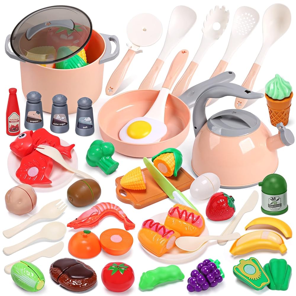 CUTE STONE Toy Kitchen Accessories Set, Play Food Sets for Kids Kitchen, Kids Cooking Sets with Play Pots and Pans, Utensils Cookware Toys, Toddler Kitchen Playset, Play Kitchen Toy for Girls Boys